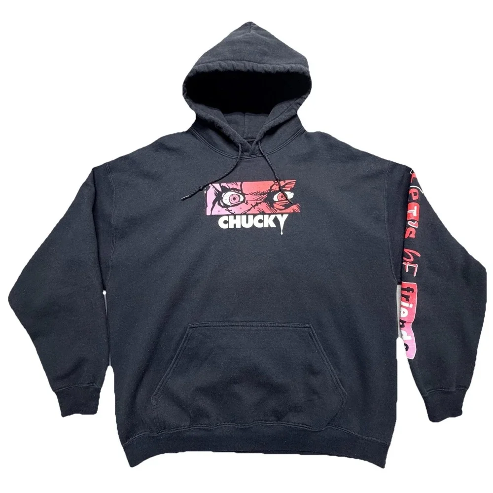 Chucky Let's Be Friends Hoodie Black Horror Childs Play Graphic Pullover Size XL